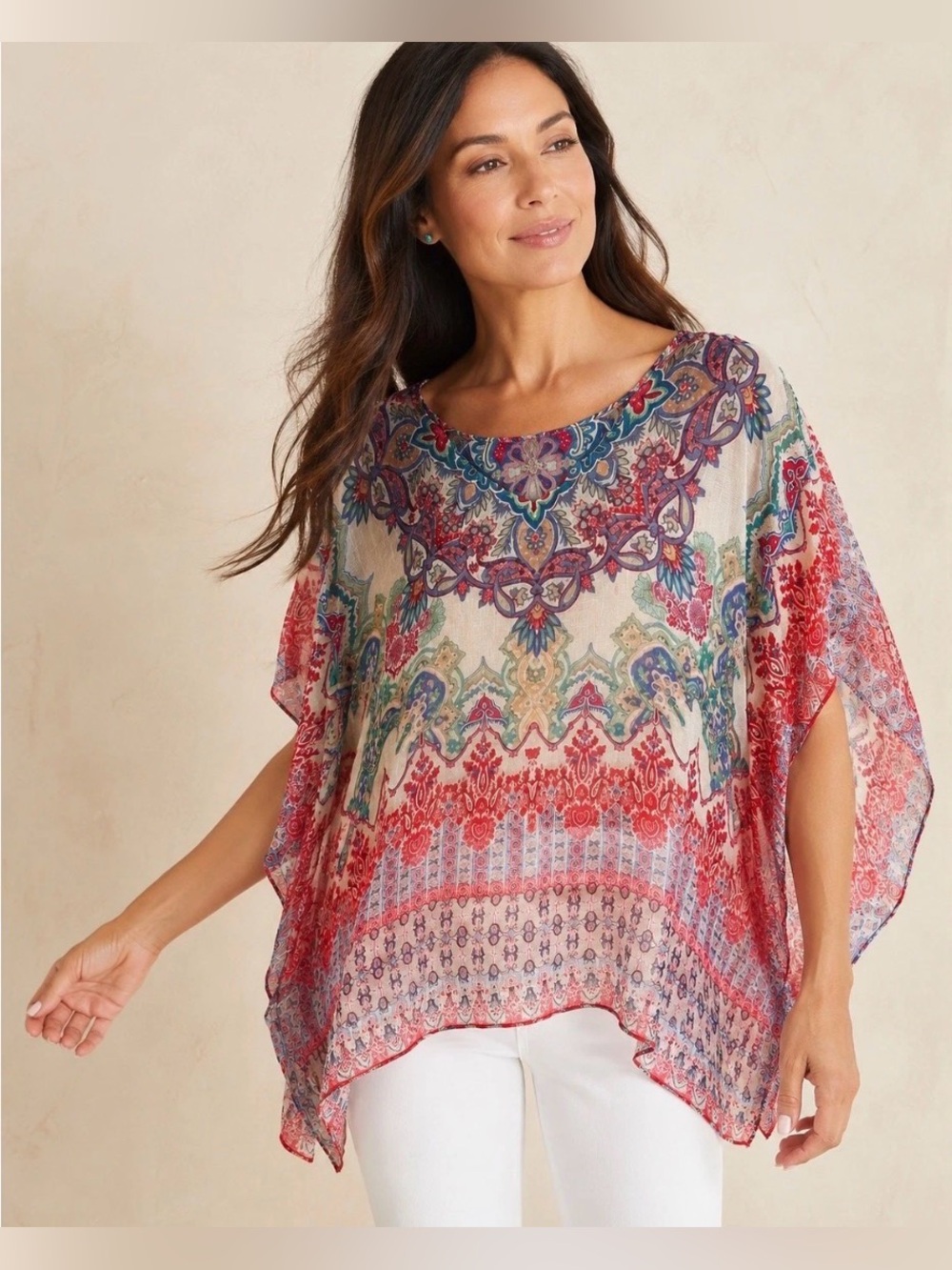 Chico’s Paisley Print 100% Linen Poncho Top S/M Boho Coastal